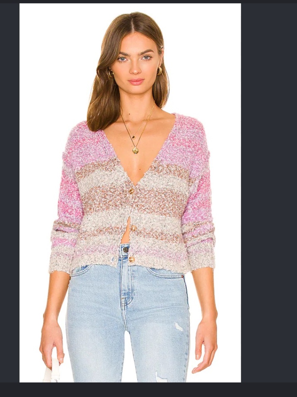 Free People REVOLVE
Soulmate Cardi fall pink knit $138 casual boho stripe